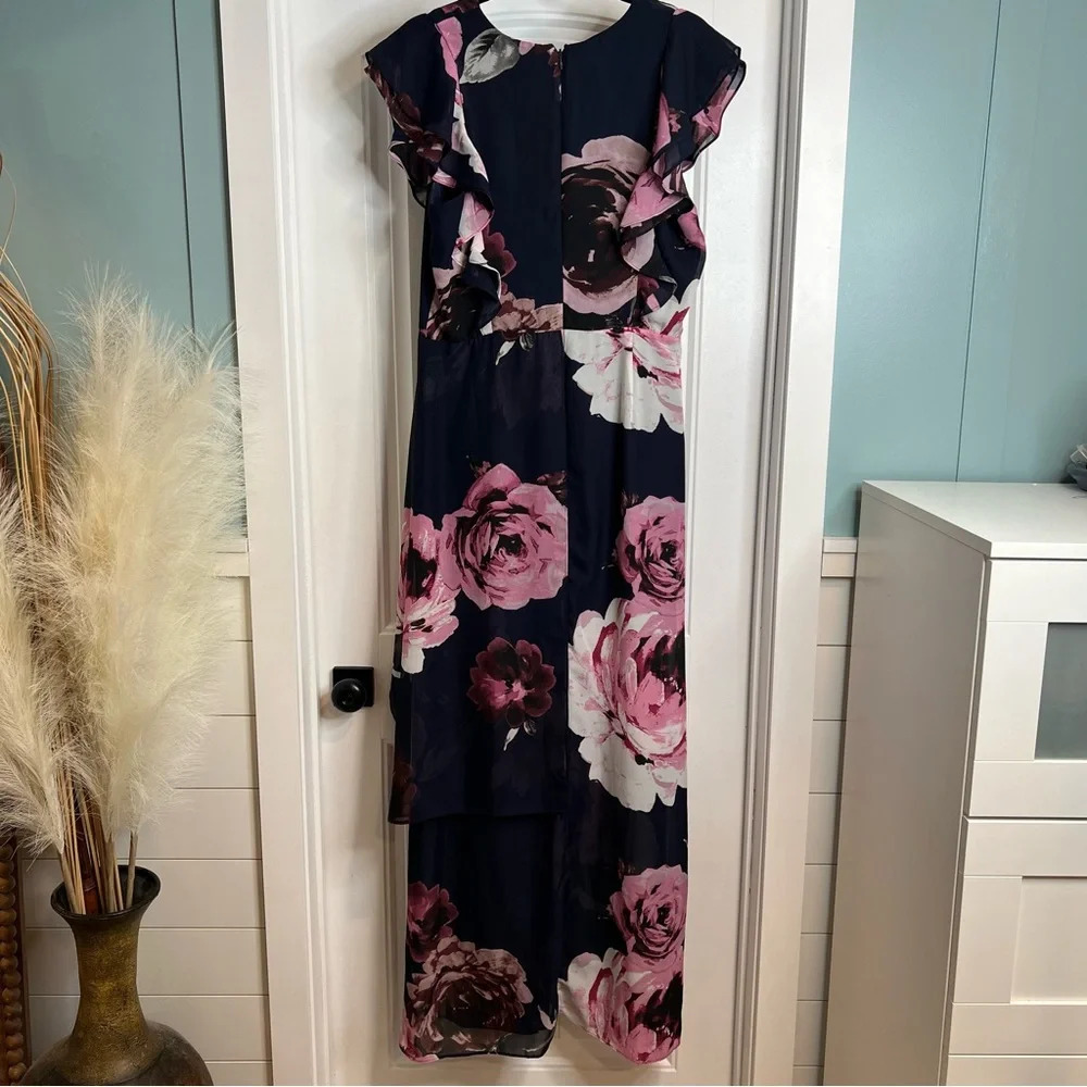 Marina Women's Blue Pink Floral Lined Maxi Party‎ Wedding Dress Gown. Size 12. - Picture 4 of 15